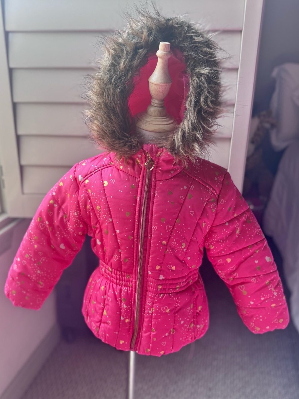 Girls' Pink Puffer Jacket with Faux Fur Hood